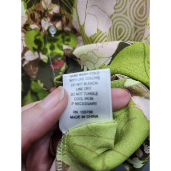 Rose+Olive Womens Floral Button-Up Blouse 3/4 Sleeves Beige & Green Polyester To - Picture 4 of 5